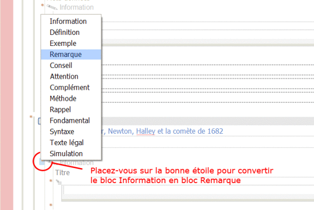 Insertion d'un bloc Remarque à l'aide de l'étoile